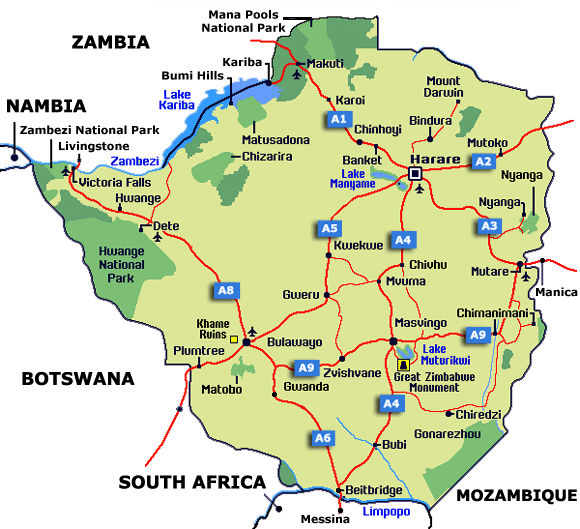 simbabwe stadte karte